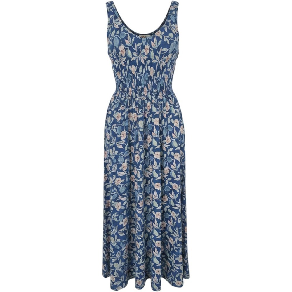 Faherty Navy Blue Floral Smocked Maxi Dress